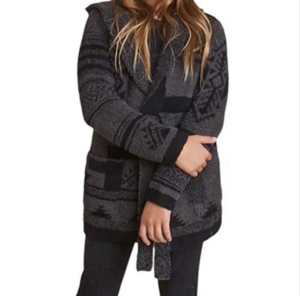 Barefoot Dreams Women's Patchwork Belted Hooded Cardigan Carbon Black 2X NWT
